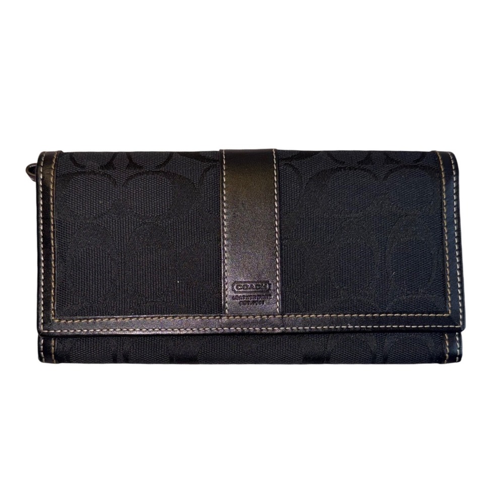 Coach Signature Jacquard Slim Envelope Long Wallet Black Leather Trim Snap Close - Picture 1 of 8